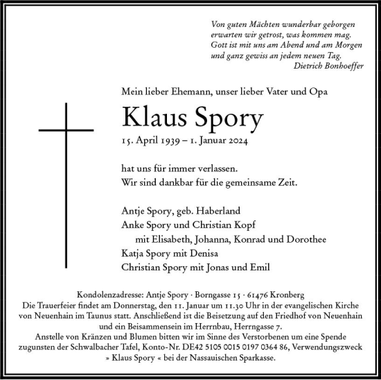 Traueranzeige von Klaus Spory von Wetzlarer Neue Zeitung