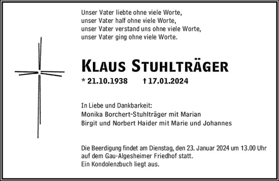Traueranzeige von Klaus Stuhlträger von Allgemeine Zeitung Bingen/Ingelheim