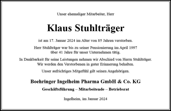 Traueranzeige von Klaus Stuhlträger von Allgemeine Zeitung Bingen/Ingelheim