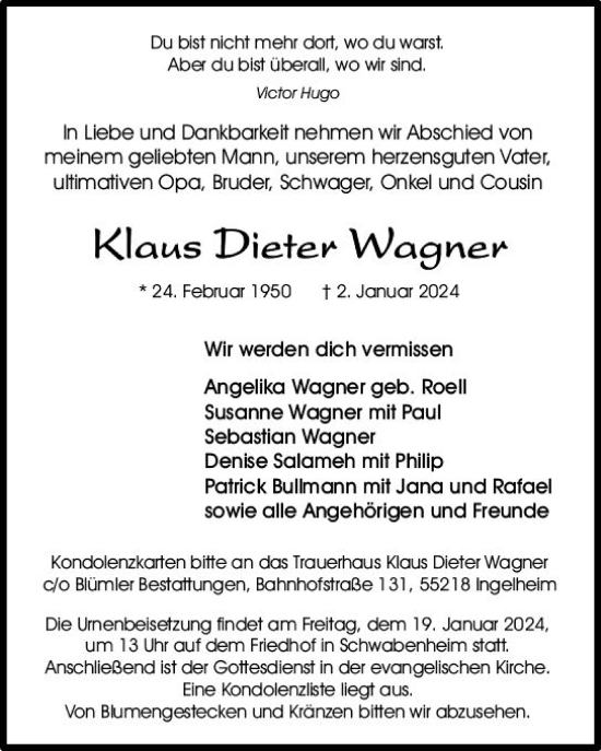 Traueranzeige von Klaus Dieter Wagner von Allgemeine Zeitung Bingen/Ingelheim