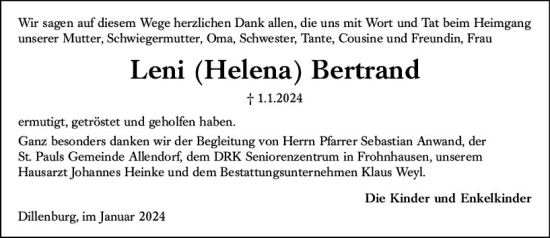 Traueranzeige von Leni Bertrand von Dill Block