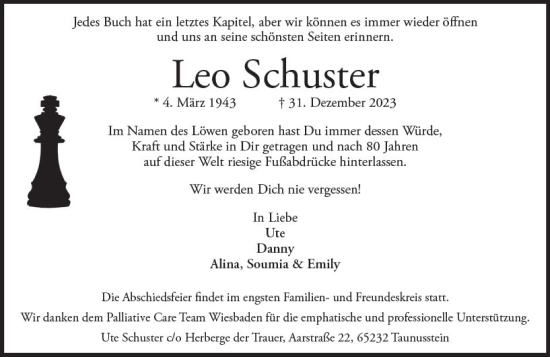 Traueranzeige von Leo Schuster von Wiesbadener Kurier
