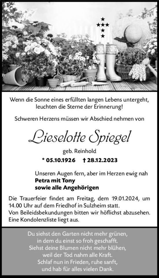 Traueranzeige von Lieselotte Spiegel von Allgemeine Zeitung Alzey