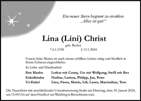 Traueranzeige von Lina  Christ von Rüsselsheimer Echo