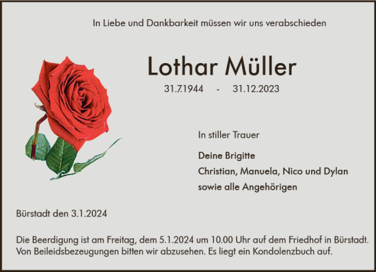 Traueranzeige von Lothar Müller von Starkenburger Echo