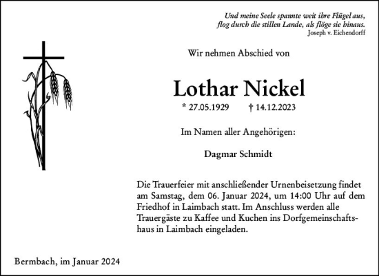 Traueranzeige von Lothar Nickel von Weilburger Tageblatt