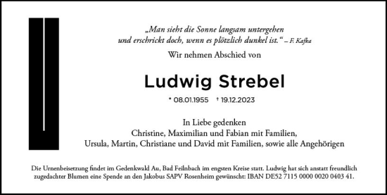 Traueranzeige von Ludwig Strebe von Wiesbadener Kurier