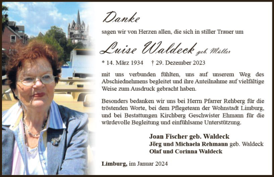 Traueranzeige von Luise Waldeck von Nassauische Neue Presse