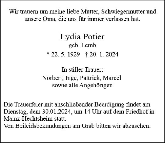 Traueranzeige von Lydia Potier von Allgemeine Zeitung Mainz