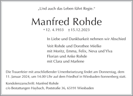 Traueranzeige von Manfred Rohde von Wiesbadener Kurier