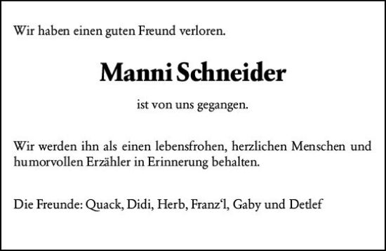 Traueranzeige von Manni Schneider von Darmstädter Echo