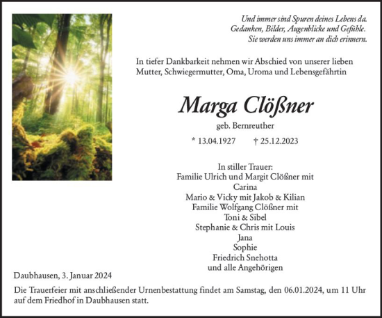 Traueranzeige von Marga Clößner von Wetzlarer Neue Zeitung