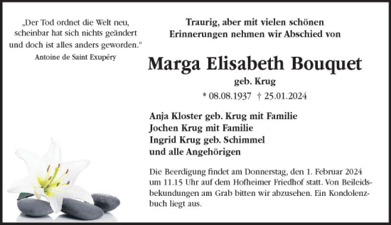 Traueranzeige von Marga Elisabeth Bouquet von Wormser Zeitung