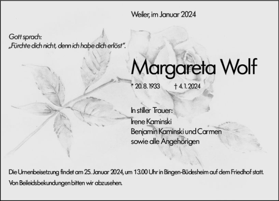 Traueranzeige von Margareta Wolf von Allgemeine Zeitung Bingen/Ingelheim