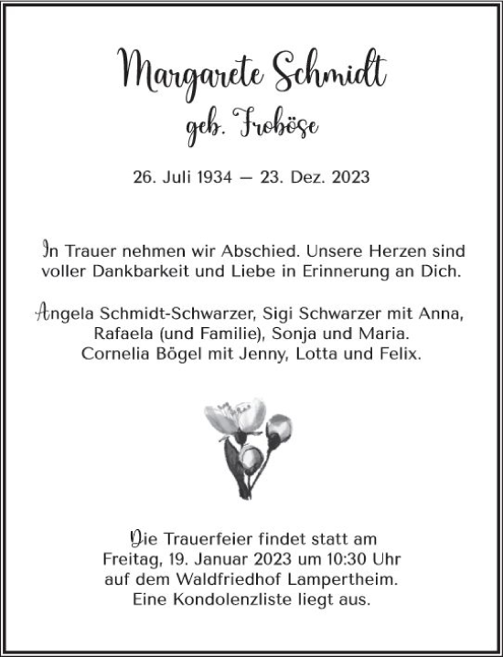 Traueranzeige von Margarete Schmidt von Starkenburger Echo