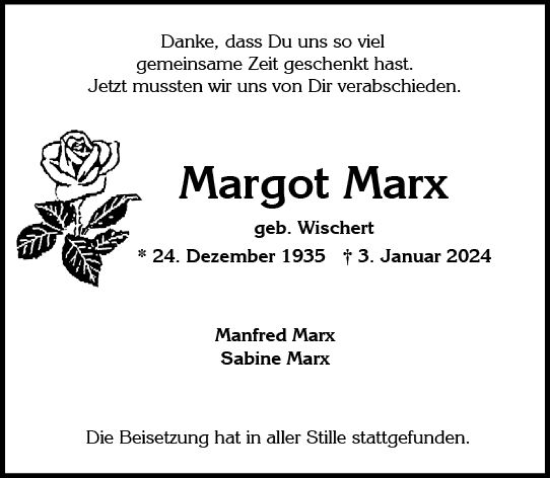 Traueranzeige von Margot Marx von Wiesbadener Kurier