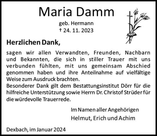 Traueranzeige von Maria Damm von Hinterländer Anzeiger