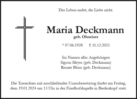 Traueranzeige von Maria Deckmann von Hinterländer Anzeiger