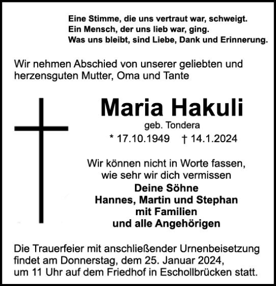 Traueranzeige von Maria Hakuli von Darmstädter Echo