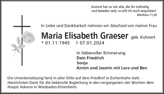 Traueranzeige von Maria Elisabeth Graeser von Wiesbadener Kurier