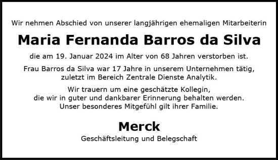 Traueranzeige von Maria Fernanda  Barros da Silva von Darmstädter Echo