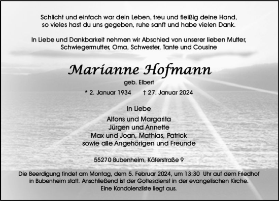 Traueranzeige von Marianne Hofmann von Allgemeine Zeitung Bingen/Ingelheim