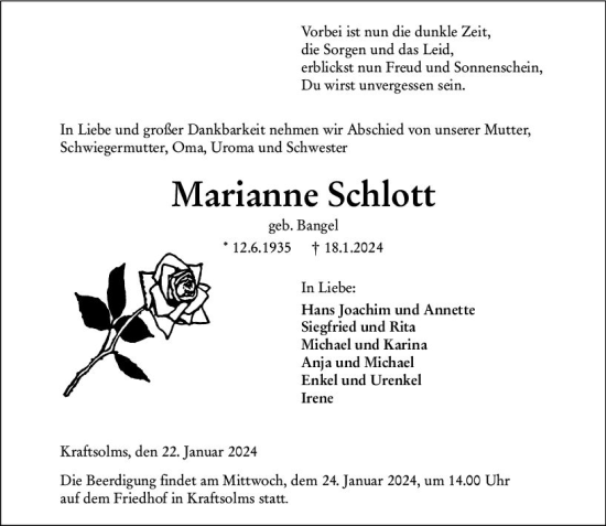 Traueranzeige von Marianne Schlott von Wetzlarer Neue Zeitung