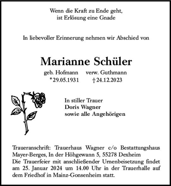 Traueranzeige von Marianne Schüler von Allgemeine Zeitung Mainz