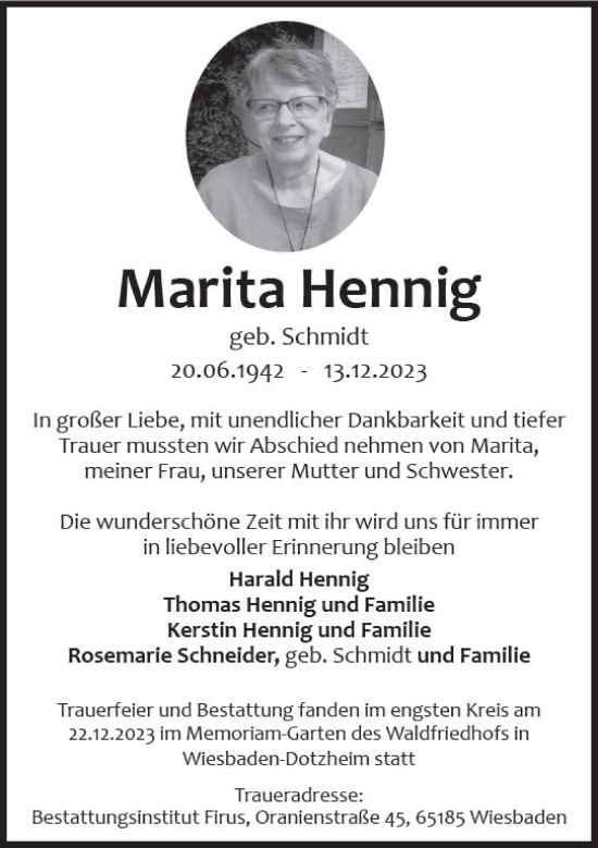 Traueranzeige von Marita Hennig von Wiesbadener Kurier