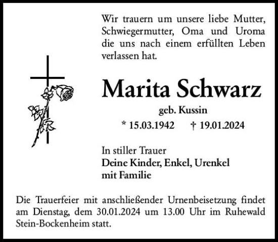 Traueranzeige von Marita Schwarz von Allgemeine Zeitung Bingen/Ingelheim