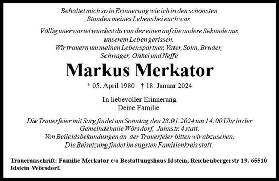 Traueranzeige von Markus Merkator von Idsteiner Land/Untertaunus