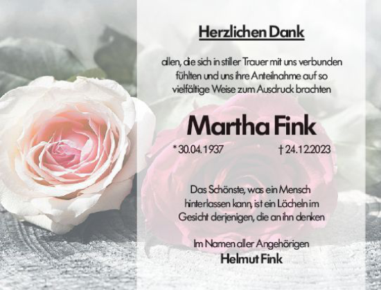 Traueranzeige von Martha Fink von Weilburger Tageblatt