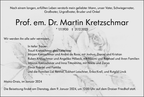 Traueranzeige von Martin Kretzschmar von Allgemeine Zeitung Mainz