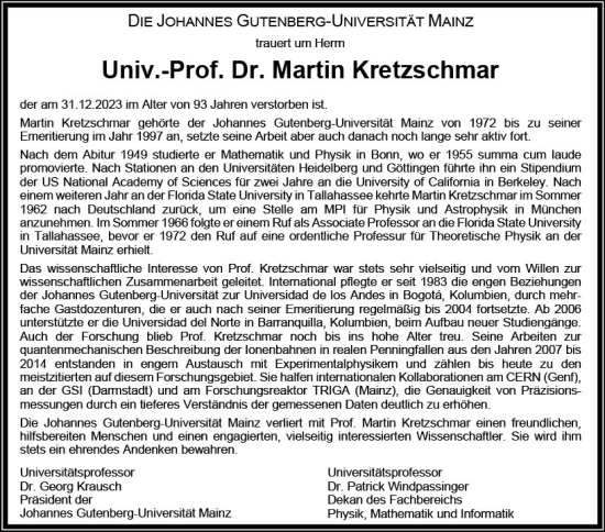 Traueranzeige von Martin Kretzschmar von Allgemeine Zeitung Mainz