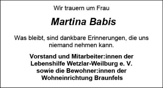 Traueranzeige von Martina Babis von Weilburger Tageblatt