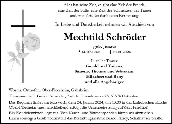 Traueranzeige von Mechtild Schröder von Allgemeine Zeitung Alzey