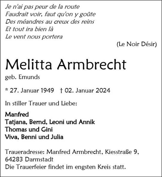Traueranzeige von Melitta Armbrecht von Darmstädter Echo