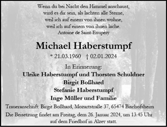 Traueranzeige von Michael Haberstumpf von Wochenblick Mainspitze