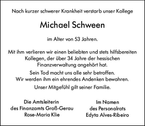 Traueranzeige von Michael Schween von Groß-Gerauer Echo