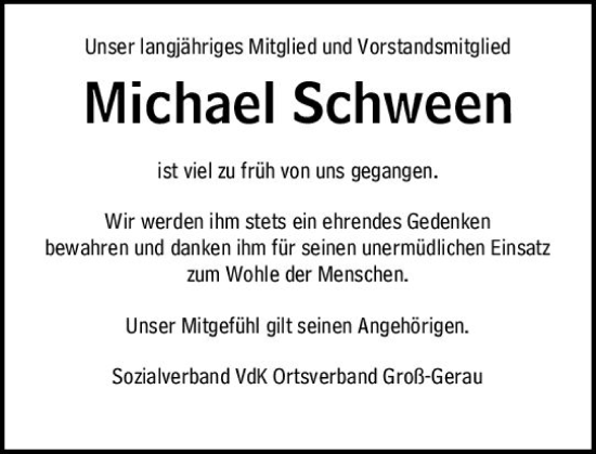 Traueranzeige von Michael Schween von Groß-Gerauer Echo