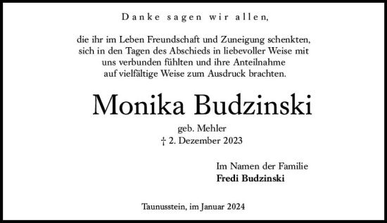 Traueranzeige von Monika Budzinski von Idsteiner Land/Untertaunus