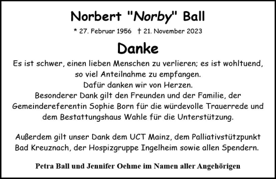 Traueranzeige von Norbert  Ball von Allgemeine Zeitung Bingen/Ingelheim