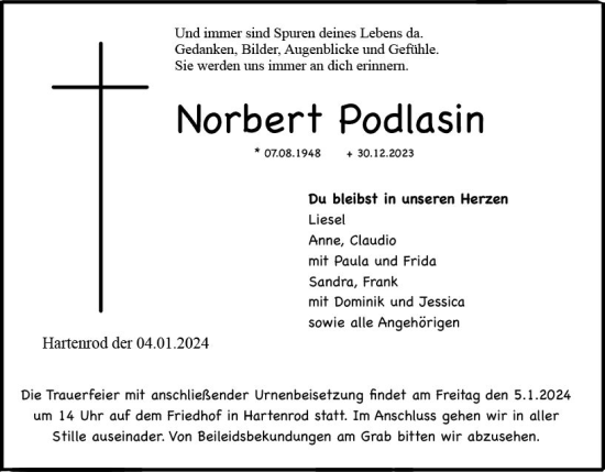 Traueranzeige von Norbert Podlasin von Hinterländer Anzeiger