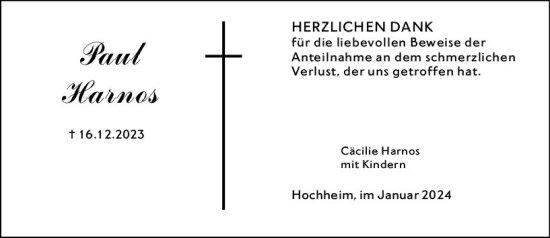 Traueranzeige von Paul Harnos von Hochheimer Zeitung