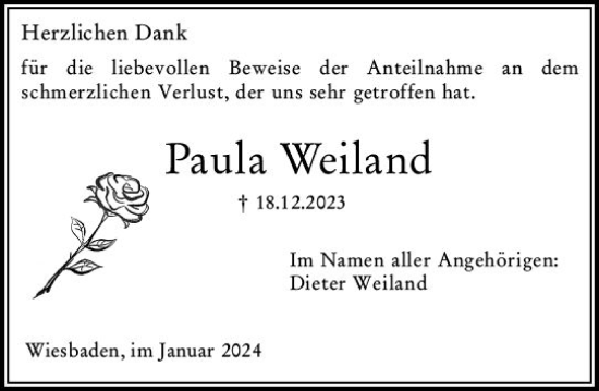 Traueranzeige von Paula Weiland von Wiesbadener Kurier