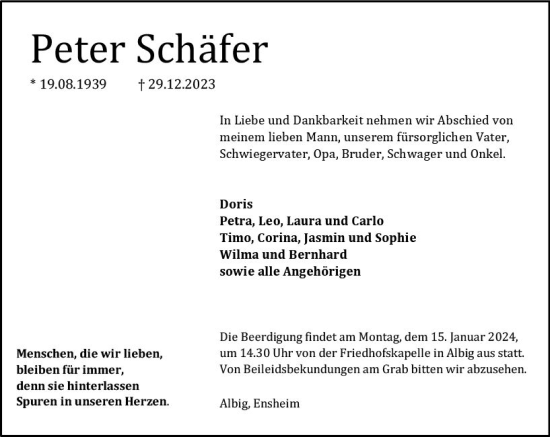 Traueranzeige von Peter Schäfer von Allgemeine Zeitung Alzey