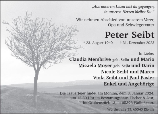 Traueranzeige von Peter Seibt von Wiesbadener Kurier