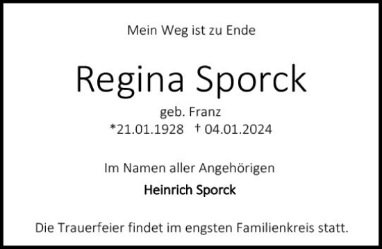 Traueranzeige von Regina Sporck von Darmstädter Echo