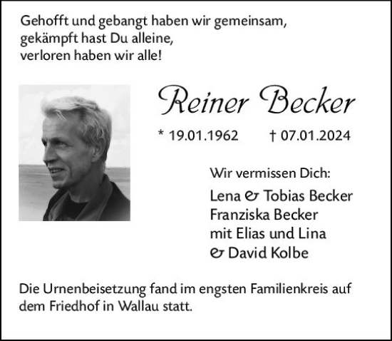 Traueranzeige von Reiner Becker von Hinterländer Anzeiger