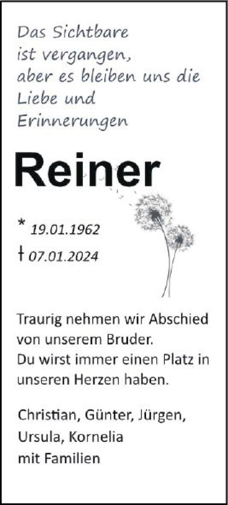 Traueranzeige von Reiner Becker von Hinterländer Anzeiger